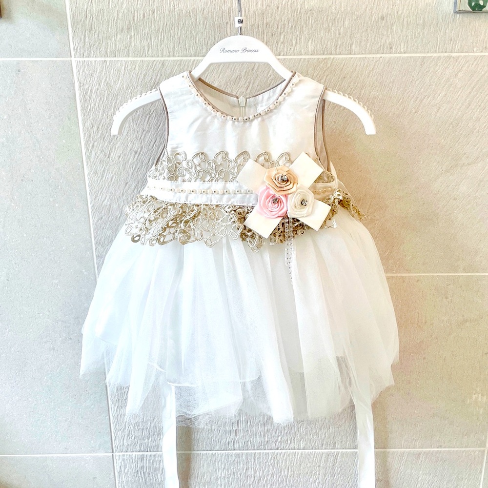 New ROMANO Ivory & Gold Tulle Baby Dress - 6 month
